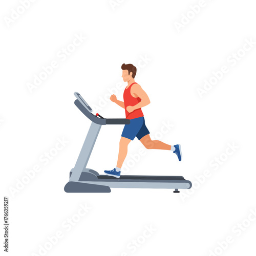 Fit man running on a modern treadmill in a gym setting, promoting a healthy active lifestyle and fitness journey