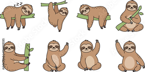 Adorable Sloth Cartoon Clipart Collection Posing on Branches Isolated on Transparent Background Tropical Animal Illustration for Stickers and Graphic Design Projects