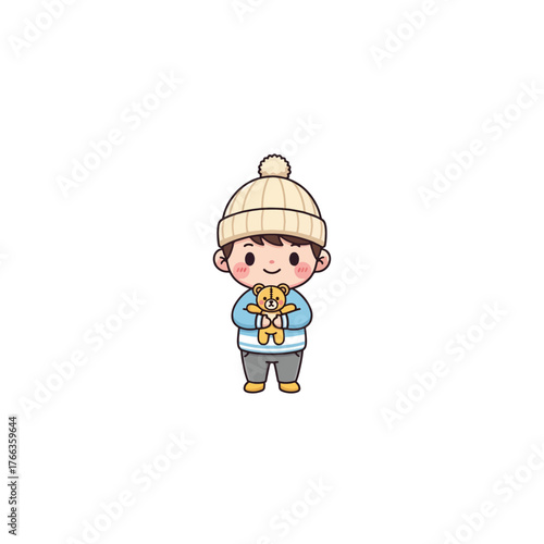 Cute Cartoon Boy Wearing a Winter Hat Holding a Teddy Bear a Cheerful Child Illustration for Kids and Winter Themes