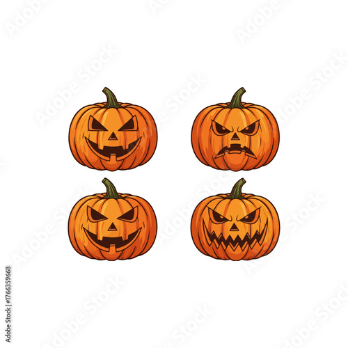 Collection of Four Jack-o-Lanterns with Different Scary Facial Expressions for Halloween Celebrations and Decorations