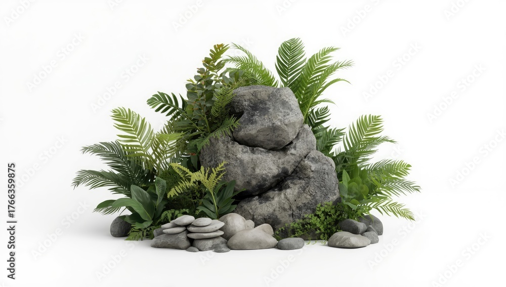 Obraz premium The image showcases a meticulously crafted composition, featuring a central arrangement of gray, weathered rocks, which are artfully interspersed with various lush green plants and foliage, set...