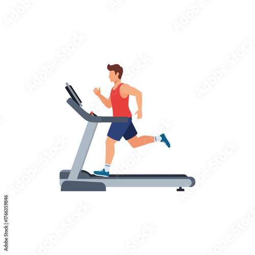 Fit man running on a modern treadmill machine for cardio workout, healthy lifestyle and fitness concept