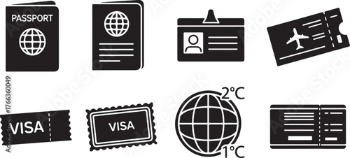 Collection of travel documents and identification icons for global journeys and air travel vector