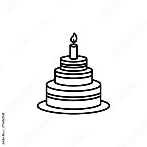 Simple line drawing of a multi-tiered birthday cake with a single lit candle on top, isolated on white background.