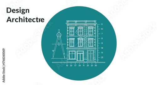 Architectural design blueprint illustration showing building facade and drafting tools vector graphic for construction and engineering projects