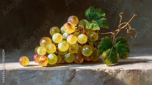 Fresh Green Grapes with Leaves on a Stone Surface