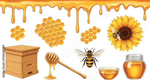 Honey jar, honeycomb pattern, dripping honey, bee on flower, beekeeping tools, natural sweetener, organic honey, wooden hive, honey dipper, agriculture