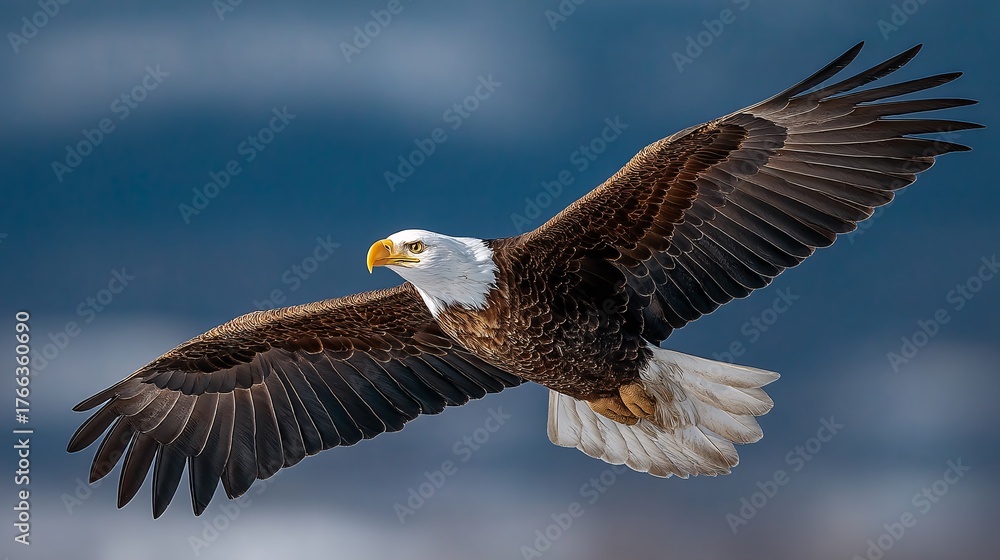 Fototapeta premium Majestic Bald Eagle Soaring Against a Clear Blue Sky Background
