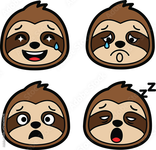 Cute Sloth Emoticons Expressing Diverse Feelings Collection Funny Cartoon Sloth Illustration Showing Happiness Sadness Surprise And Sleepiness Isolated On Transparent Background