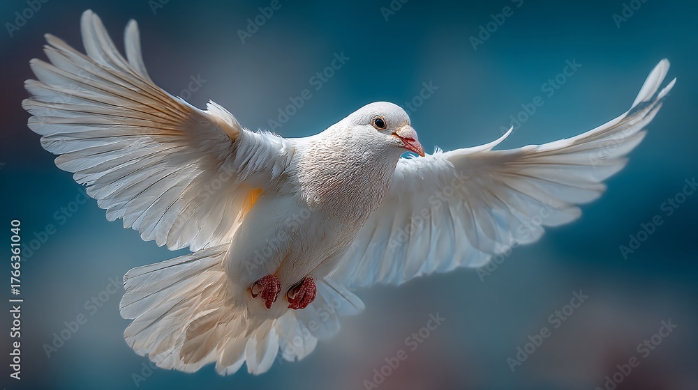 Obraz premium White Dove in Flight with Open Wings Against Soft Blue Background