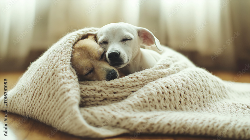 Obraz premium Cute dog wrapped in a soft beige blanket sleeping peacefully on a bed. Cozy domestic moment captured in warm natural light, suitable for pet care or comfort concepts.