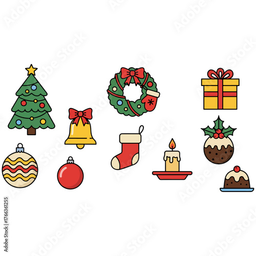 Vector Christmas Icons Collection Festive Elements Including Tree Wreath Gift Bell Stocking Candle Pudding Ornament Cake