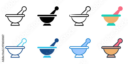 Mortar and pestle icon set multiple style collection 
