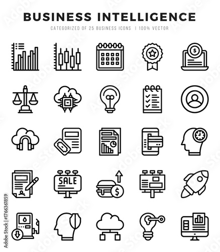 Set of Business Intelligence Icons. Simple line art style icons pack.
