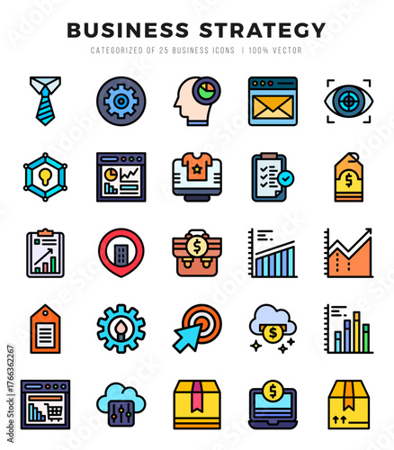 Simple Set of Business Strategy Related Vector Lineal Color Icons.
