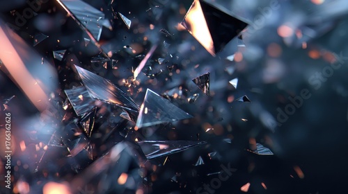 Abstract illustration of shattered glass shards with dynamic light effects and bokeh