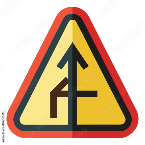 Yellow triangular warning sign indicating a road merge with traffic from the left and right joining the main lane