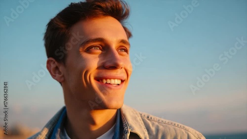 Young man gazing towards the sunset with a thoughtful expression