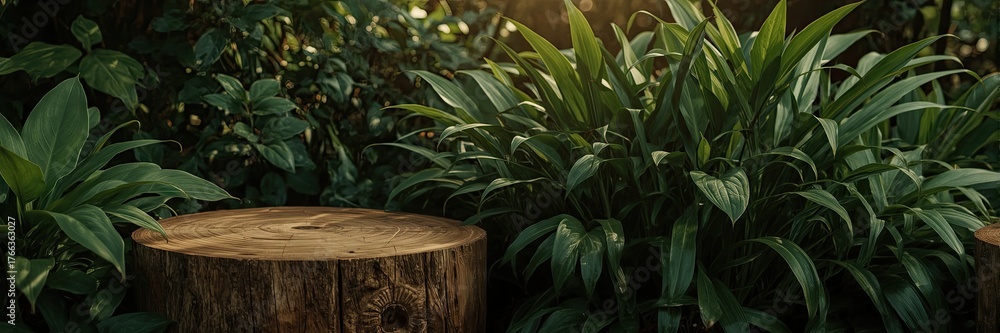 Obraz premium Natural wood stump is positioned in a lush green foliage backdrop, bathed in soft, warm sunlight, creating an inviting space for product display or serene presentation with an earthy ambiance and...