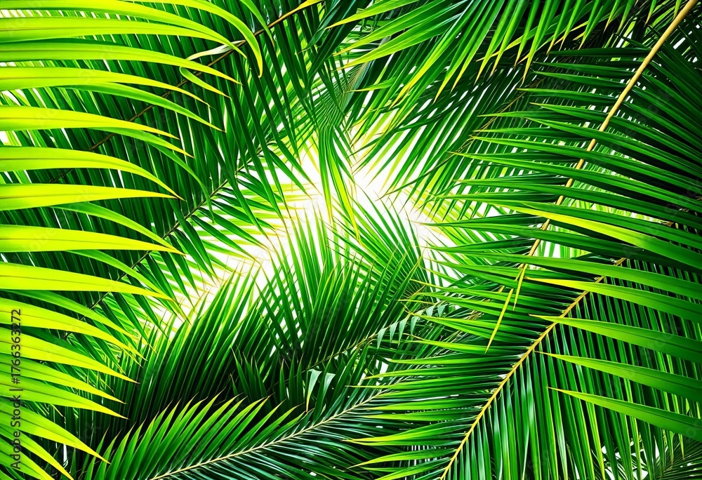 Fototapeta premium Tropical palm tree leaves forming a natural frame, vibrant green foliage, photography, image