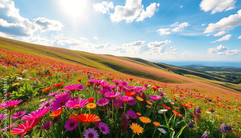 Fototapeta premium Vibrant wildflowers bloom across a rolling hillside under a sunny sky, vibrant colors, spring flowers