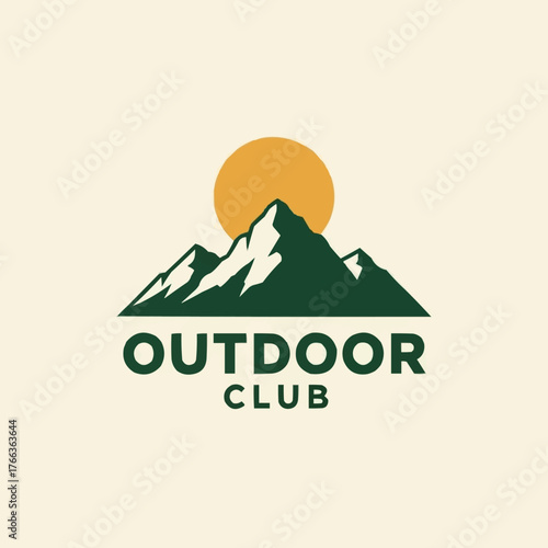 Outdoor Club logo design with green mountains and sun.