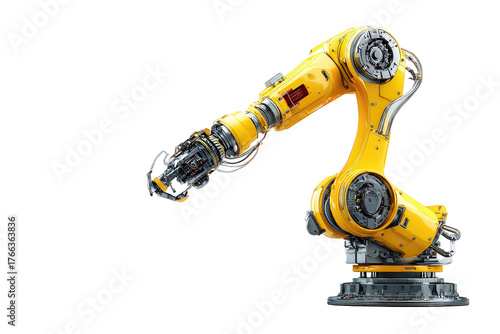 Industrial Robotic Arm On Black Background With Bright Yellow Color and Metallic Detailing