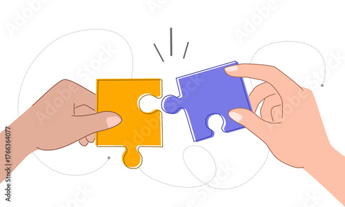 Two hands holding puzzle pieces show concept of teamwork, brainstorm, partnership, cooperation in flat design