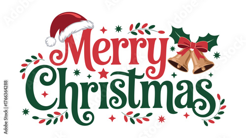 Vector art of merry christmas text with santa hat, bells, and decorations