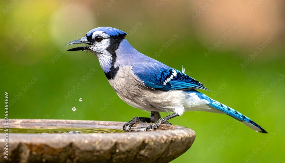 Obraz premium Perched songbird at the edge of a water basin, head tilted back