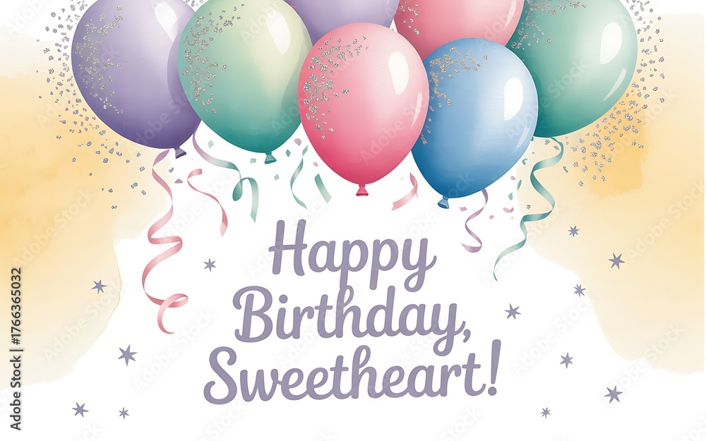 Fototapeta premium Happy birthday sweetheart greeting with colorful balloons and confetti