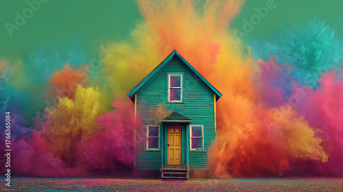 Fototapeta Naklejka Na Ścianę i Meble -  A tiny turquoise house stands amid explosive clouds of vibrant colored smoke in green, pink, orange