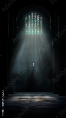 Mysterious ancient hall with divine light streaming through ornate stained glass windows illuminating dusty atmosphere