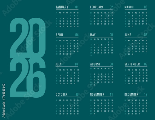 2026 Year English Calendar template, layout monthly horizontal page in Transformative Teal, turquoise design. Monochrome Yearly planner week start Sunday