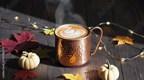 Steaming Latte Art in Copper Mug with Pumpkins, Autumn Leaves, and Fairy Lights on Dark Wood Table
