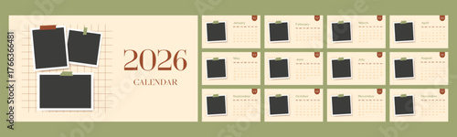 Retro 2026 english calendar year template set of horizontal layout pages. Blank photo frame collage design. 