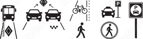 Collection of transportation icons indicating road usage and traffic regulations vector