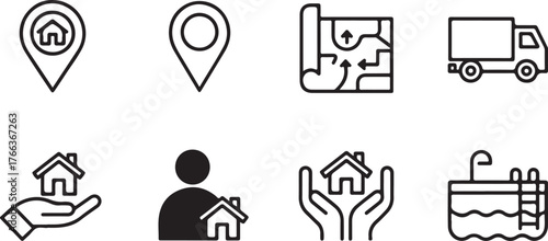 Diverse minimalist real estate line icons for property search navigation user profile and amenities vector