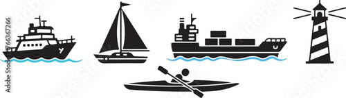 Diverse nautical silhouettes tugboat sailboat cargo ship kayak lighthouse coastal navigation marine activities vector