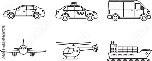 Six diverse line art icons of transportation modes including car taxi van airplane helicopter and ship vector