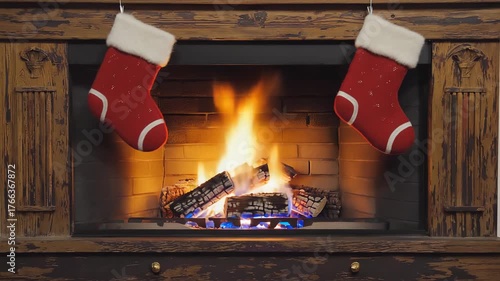 Cozy Christmas Fireplace Scene with Burning Logs and Red Stockings Hanging on a Rustic Wooden Mantel