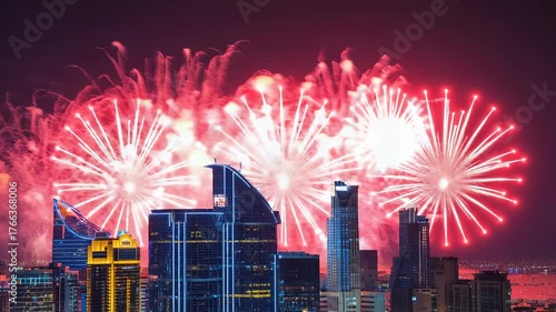 Spectacular Red Fireworks Display Over Modern City Skyline at Night, Celebration Event, Festive Atmosphere, New Year's Eve