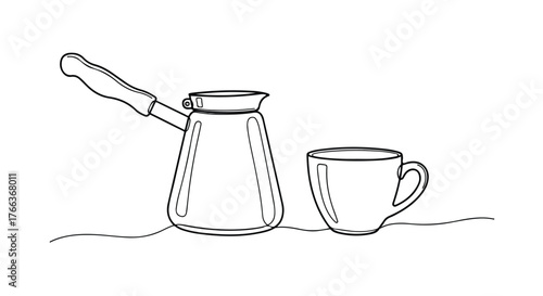 Minimalist line drawing of coffee pot and cup, cozy kitchen scene illustration.
