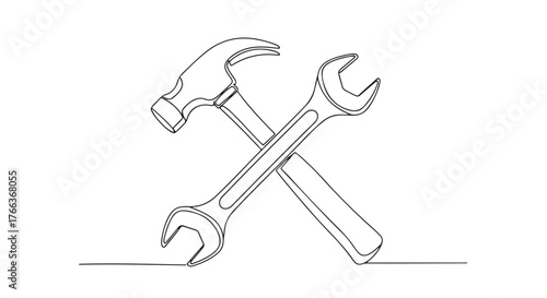 Crossed wrench and hammer minimalist line drawing, industrial tools concept.