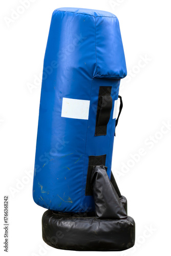 Blue football blocking dummy for contact sport training drills isolated on a transparent background