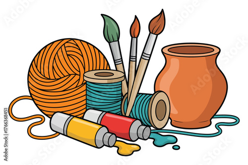 Creative vector cartoon of arts and crafts tools, yarn, paint brushes, and pottery, hobby supplies illustration, perfect for knitting, painting, ceramics, and other artistic DIY projects