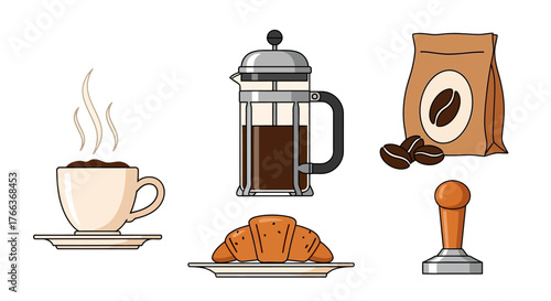 Coffee cup French press croissant coffee beans and stamp.