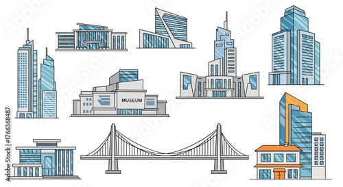 Collection of Modern City Skyscrapers and Bridge Illustrations.