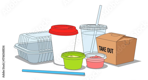 Collection of Various Takeout Food Containers and Cups.