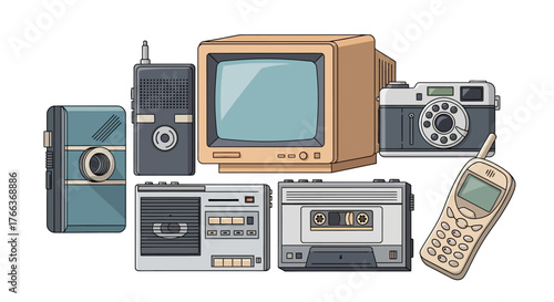 Collection of Vintage Electronic Devices and Gadgets.